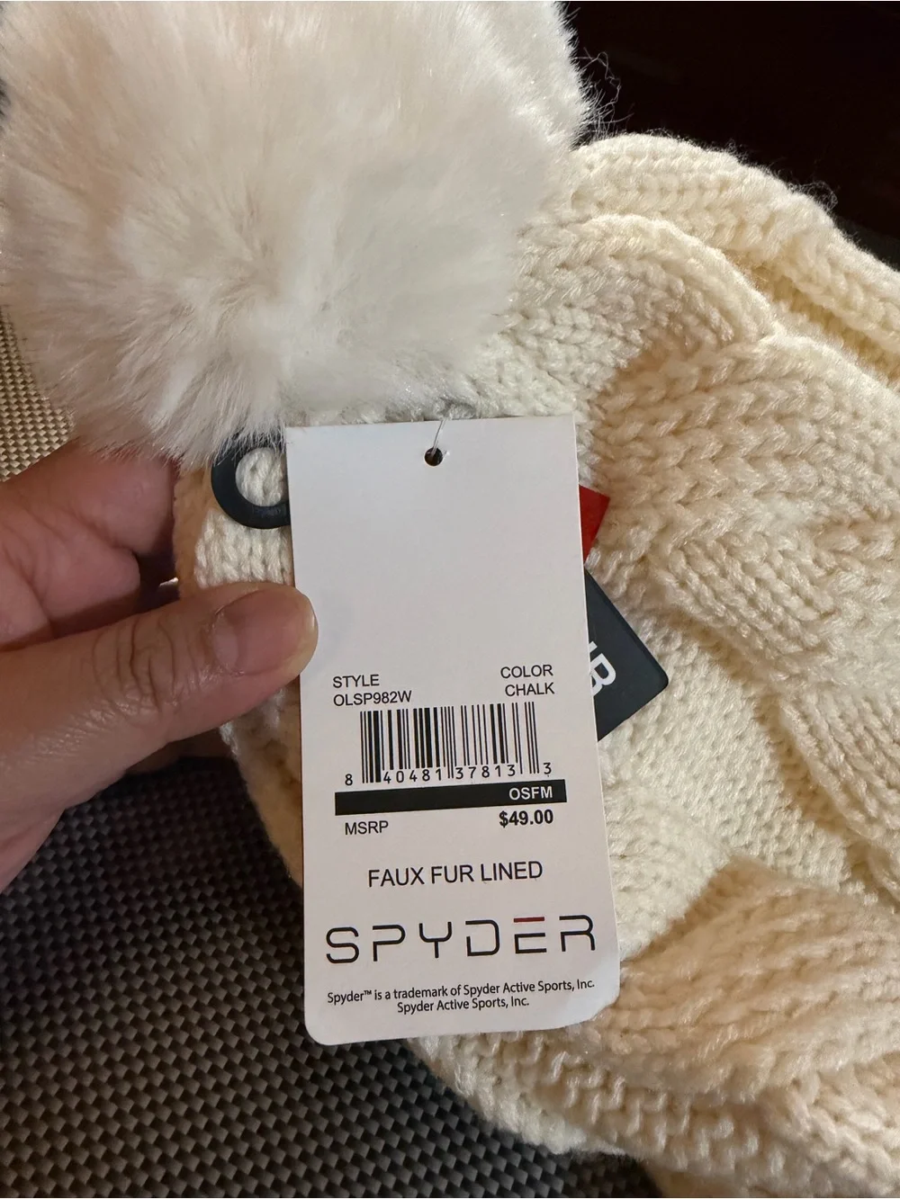 NWT Spyder Women's Cream Cable Knit Pom Beanie with Callout